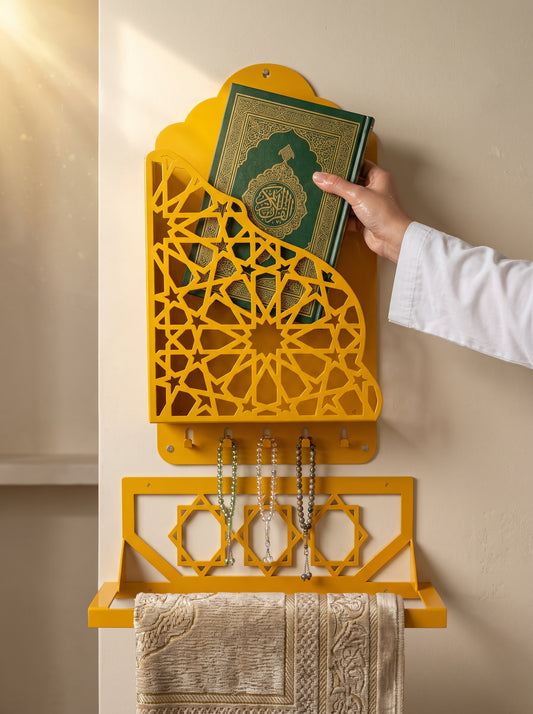 Premium Metal Quran Holder & Janamaz Stand Set (With Tasbeeh Hooks) – Free Delivery & Allowed To Open Before Payment